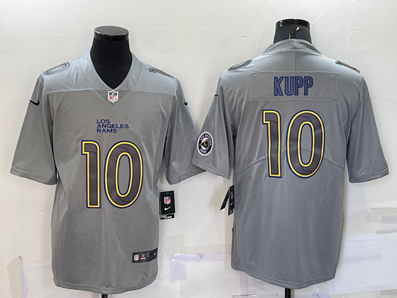 Men's Los Angeles Rams #10 Cooper Kupp Grey With Patch Atmosphere Fashion Stitched Jersey Men's Los Angeles Rams #10 Cooper Kupp Grey With Patch Atmosphere Fashion Stitched Jersey